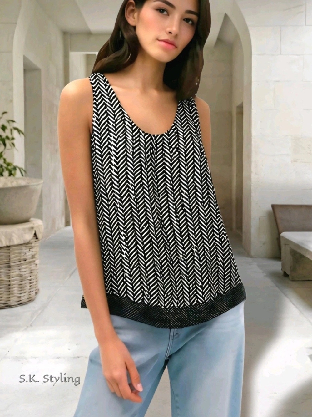 Cynthia Rowley Black & White Layered Sleeveless Blouse Flowy Geometric Small